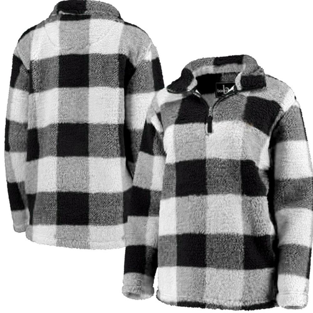 Women's Black/white buffalo  Plaid Sherpa Quarter-Zip Pullover Jacket G8